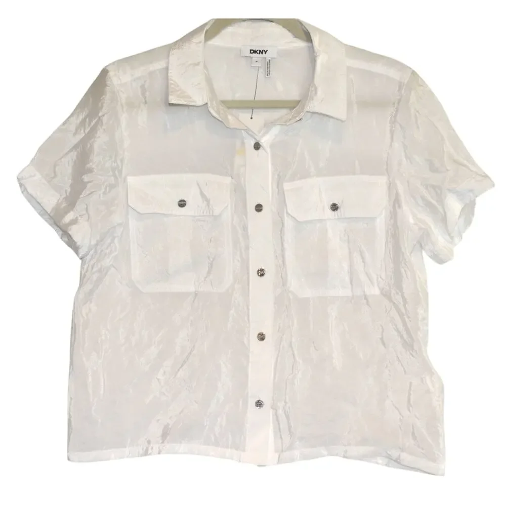 DKNY Women's Short-Sleeve Button-Front Top in White